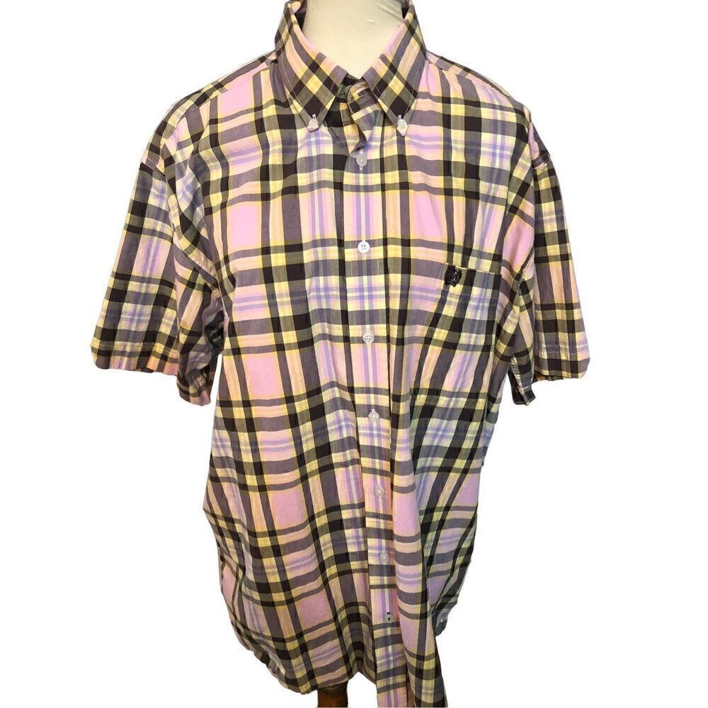 Cinch pink yellow white brown plaid short sleeve button up